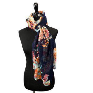 Blue Floral Scarf Long Lightweight Flower Orange Green Multiple Ways to Wear